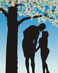 Image showing Tradition kiss under cherry bloom