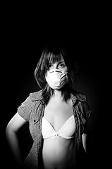 Image showing Cute girl in protective mask and linguiere. Black and White