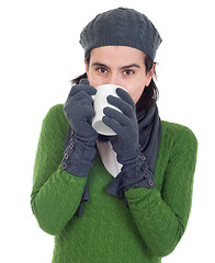 Image showing Winter woman having coffee