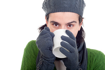 Image showing Winter woman having coffee