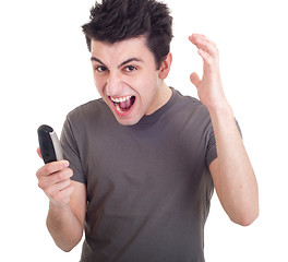 Image showing Man yelling into mobile