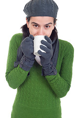 Image showing Winter woman having coffee