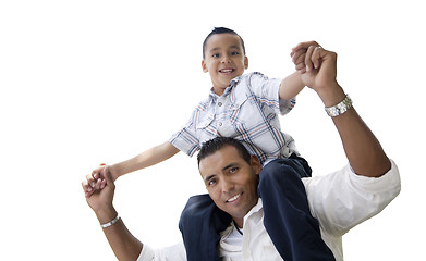 Image showing Hispanic Father and Son Having Fun Isolated on White