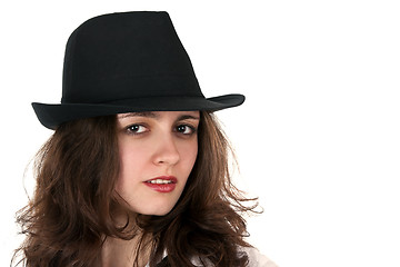 Image showing portrait of a beautiful brunette in a hat