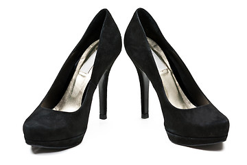 Image showing pair of black suede women's high heel shoes
