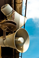 Image showing Loudspeakers against blue sky