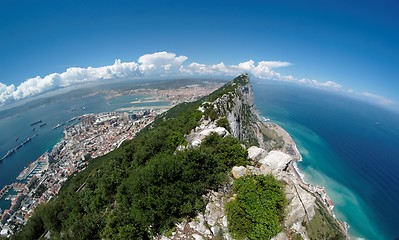 Image showing Fisheye view of Gibraltar rock, bay and town from the Upper Rock