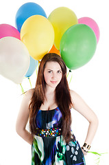 Image showing Beautiful woman with multicolored air balloons