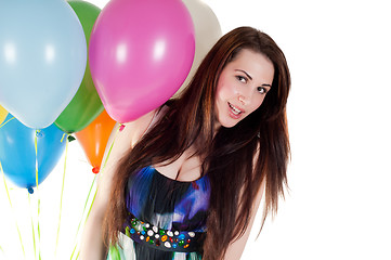 Image showing Beautiful woman with multicolored air balloons