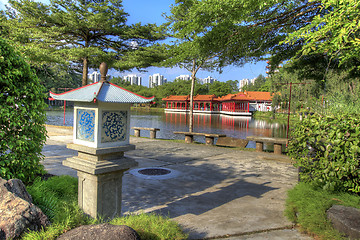 Image showing Chinese Stone Lantern by the  Lake