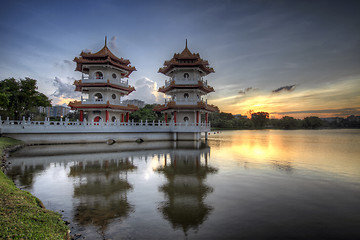 Image showing Twin Pagodas in Chinese Garden at Sunset