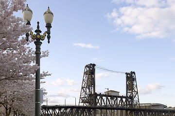 Image showing Cherry Blossoms Lamp Post And Steel Bridge