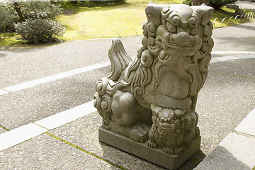 Image showing Japanese Stone Guardian Lion with Cub Sculpture