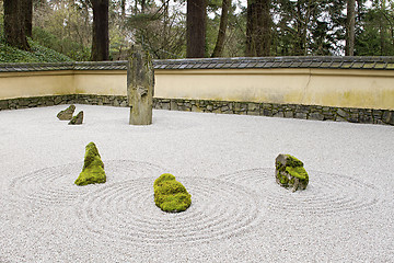 Image showing Japanese Stone and Sand Garden with Tiled Roof Wall