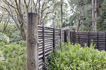 Image showing Wood and Bamboo Fencing at Japanese Garden