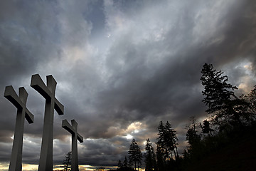 Image showing Good Friday Easter Day Crosses Clouds Trees Background