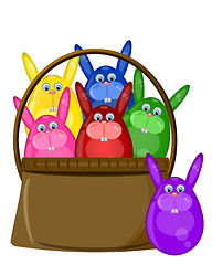 Image showing Six Colored Happy Easter Bunny Eggs in Basket