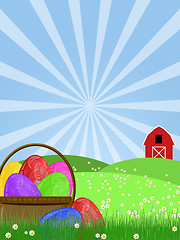 Image showing Happy Easter Egg Basket on Green Pasture