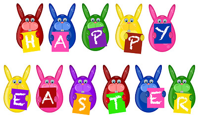 Image showing Easter Bunny Eggs Holding Alphabet Greeting Signs