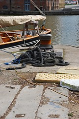 Image showing Bollard and mooring ropes