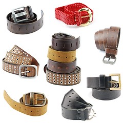 Image showing Collection of leather belts on white