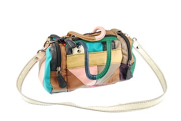 Image showing Colorful teenager leather bag on white