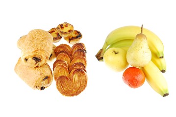 Image showing Healthy vs unhealthy (baked goods and fruits on white)