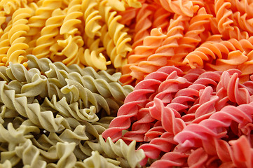 Image showing four flavors of fusilli pasta