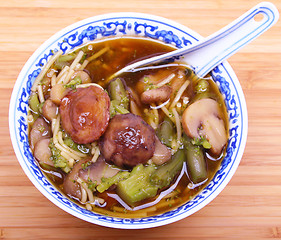 Image showing Vegetarian chinese soup with noodles and mushrooms 