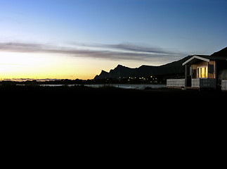 Image showing Lofoten camp in summer sunset