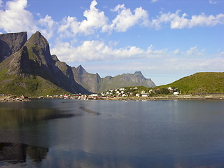 Image showing Norway village in Lofoten bay landscape