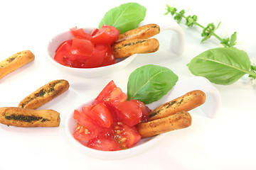 Image showing Grissini with Tomato and Basil