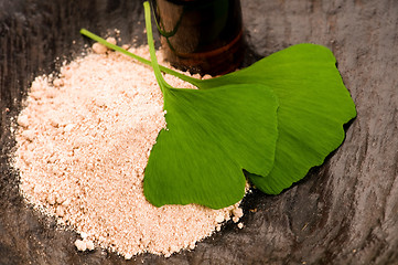 Image showing fresh leaves ginko biloba essential oil and powder - beauty trea