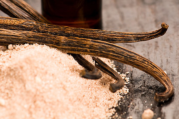 Image showing Vanilla With Bottle Of Essential Oil And Powder- Beauty Treatmen