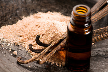 Image showing Vanilla With Bottle Of Essential Oil And Powder- Beauty Treatmen