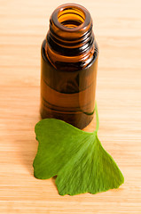 Image showing ginko biloba essential oil with fresh leaves - beauty treatment