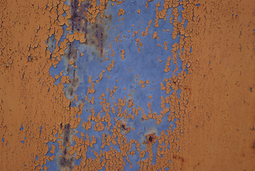 Image showing Rusty scratched metal yellow and blue peeled texture