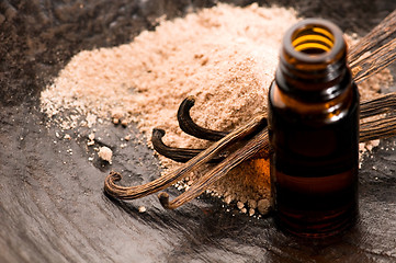 Image showing Vanilla With Bottle Of Essential Oil And Powder- Beauty Treatmen