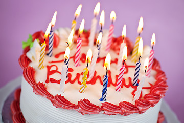 Image showing Birthday cake with lit candles