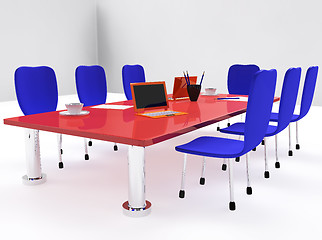 Image showing Conference room with red desk and chairs