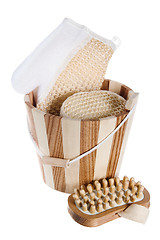 Image showing Wooden bucket with SPA accessories