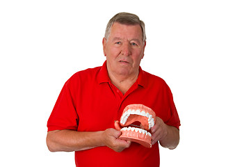 Image showing Senior with teeth model