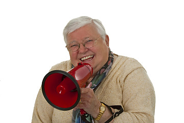 Image showing Female senior with megaphone