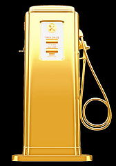 Image showing Costly fuel: golden gas pump isolated on black