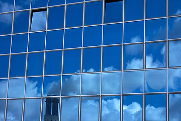 Image showing Glass facade with a reflection of a smoky chimney