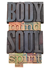 Image showing body, mind, soul, spirit  in letterpress type