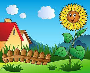 Image showing Meadow with cartoon sunflower