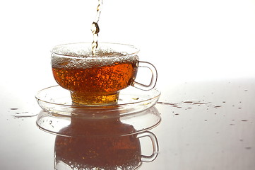 Image showing cup of tea on white with reflection