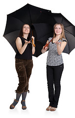 Image showing Two girls are hiding from the rain under an umbrella
