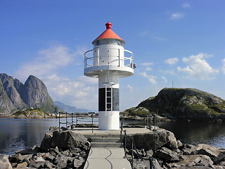 Image showing Red and white Lofoten lighthouse